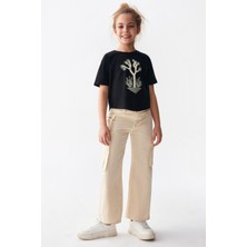 Nk Kids Kız Çocuk Kargo Cep Bol Paça Yazlık  Pantolon 56701 Krem
