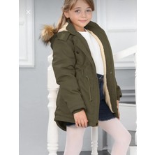 Asortix Kız Çocuk Su Geçirmez Çıkarılabilir Kapüşonlu Pelüş Kürk Astarlı Uzun Mont Kaban