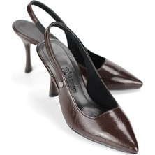 Gökhan Talay Lavender Esnek Yumuşak Kaymaz Taban (8 Cm) Kahverengi Rugan  Açık Lastikli Kadın Topuklu Ayakkabı