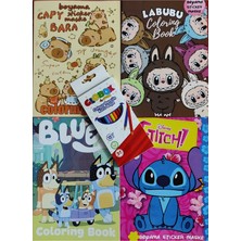 Ada Çanta Kırtasiye 4 Adet Stickerli Boyama Kitabı 12 Li Kuru Boya Kalemi Hediyeli (Capybara/labubu/stitch/bluey )X05