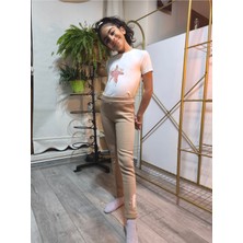 Şimo Butik Kız Çocuk Tayt Kışlık Pamuklu Şardonlu Beli Lastikli Kurdeleli Kedi Camel Dar Kalıp