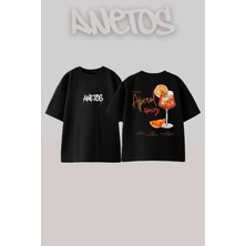 Anetos Aperol Spiritz Tasarım Sırt Baskılı Pamuk Siyah Oversize T-Shirt