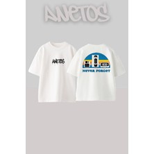 Anetos Never Forget Tasarım Sırt Baskılı Pamuk Beyaz Oversize T-Shirt