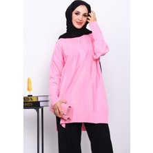 İmaj Butik Pembe Bisiklet Yaka Soğuk İplik Triko Tunik
