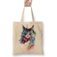 Toyaso Trius Animals Gato Renkli Kedi Cat Beyaz Bez Çanta Uzun Saplı Alışveriş Çantası Plaj Çantası