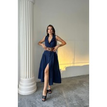 Nnstartshopping  Müslin Elbise Gömlek Yaka Kolsuz Önden Düğmeli - Lacivert