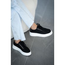 Rümeysa Lefkoşa Kadın Keten Kalın Taban Spor Ayakkabı Siyah