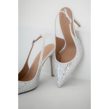 Rose Dedo Sera Topuklu Taşlı Saten Abiye Ayakkabı Gümüş