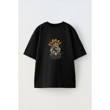 Anetos Floral Skeleton Ön Baskılı Pamuk Siyah Oversize T Shirt