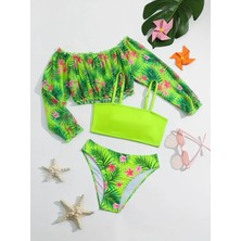 3b Kids Yeşil Çiçekli Bikini Mayo Büstiyer Bluz Takımı