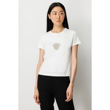 On Kadın Önü Taş Baskılı Kısa Kollu Bluz 61330 Ekru