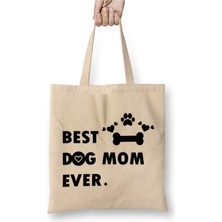 Toyaso Best Dog Mom Köpek Annesi Beyaz Bez Çanta Uzun Saplı Alışveriş Çantası Plaj Çantası