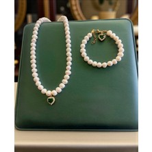 Taşmir Sertifikalı Gerçek Doğal Beyaz Inci Kadın Bileklik Kolye Çelik Klips Zirkon Kalp Yeşil Charm