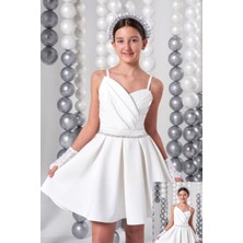 Erkut Bebe Mojo Kız Çocuk 10-15 Yaş Kemer Detaylı Kısa Abiye Elbise 810 Ekru