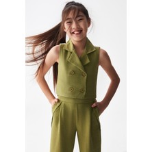 Nk Kids Kız Çocuk Sırt Dantel Motifli Düğmeli Yelek 36404 Haki
