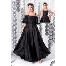 Erkut Bebe Mojo Kız Çocuk 10-15 Yaş Balon Kol Drapeli Saten Elbise Siyah