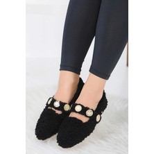 Ayakcity Kadın Inci ve Tuğra Detaylı Peluş Babet - Siyah - 39