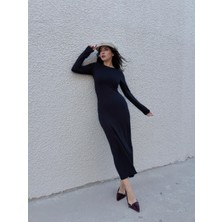 Minaaise Modal Uzun Slim Elbise Siyah