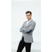 Plus Scorpion Gri Erkek Italyan Kesim Blazer Ceket – Lacivert Detaylı, Kol Yamali, Slim Fit Şık Tasarım