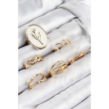 Mena Rise Pirinç Zirkon Taşlı Lale Model Gold Renk Kadın Yüzük Kombin Set - Lisinya