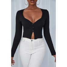 Kadın Siyah Uzun Kollu Düğmeli Göğüs ve Göbek Dekolteli Crop Top Bluz - Şık, Rahat ve Kolay Kombinlenebilir