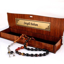 Takı925 Gümüş Püsküllü Sevgili Babam Yazılı Ahşap Kutulu Ateş Kehribar Tesbih