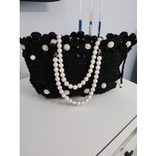 Cadde Dükkanı El Yapımı Örgü Inci Görünümlü Siyah Kare El ve Kol Çantası