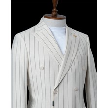 İlayda Emir Kırlangıç Yaka,torba Cepli, Kruvaze, Çizgili, Erkektakım Elbise, Slim Fit, Krem