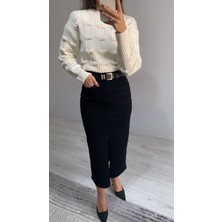 Nice Boutique Kemerli Yüksek Bel Ön Yırtmaçlı Midi Boy Denim Etek