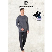 Pierre Cardin Erkek %100 Pamuk Uzun Kollu Lisanslı Füme Pijama Takımı (2 Adet Hediye Çorap) L1.PC.6095.001