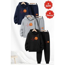 Fyk Kids 3 Iplik Kışlık Kalın Basketbol Baskılı Kanguru Cepli Kapüşonlu 6 Parça Erkek Çocuk Eşofman Takımı