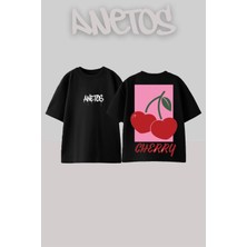 Anetos Cherry Love Tasarım Sırt Baskılı Pamuk Siyah Oversize T-Shirt