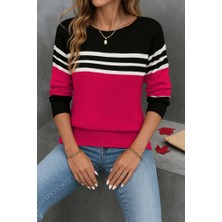 Nnstartshopping  Kadın Uzun Kollu Bisiklet Yaka Çok Renkli Triko Bluz