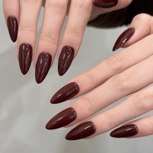 Takma Takma 10'lu Kahverengi Uzun Badem TT1324 Tekrar Kullanılabilir El Yapımı Protez Takma Tırnak - Kahverengi-XS