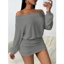 Giyimodam Kadın Uzun Kollu Madonna Yaka Yanlardan Büzgülü Şardonlu Kaşkorse Mini Elbise