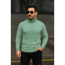 Erkek Balıkcı Yaka Bağazlı Triko Kazak Pamuklu Kalın Fitilli Dokuma, Regular Fit Uzun Kollu Kışlık Model - Mint Yeşili