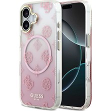 iPhone 17 Uyumlu Kılıf Guess Lisanslı M-Safe Şarj Özellikli Simli Peony Desenli Silikon Kapak Pembe