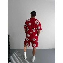 Rawea Fashion Iki Iplik Kumaş Baskılı T-Shirt Şortlu Takım- Kırmızı