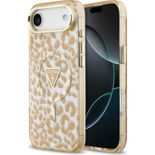 iPhone 17 Air Uyumlu Kılıf Guess Lisanslı M-Safeli Üçgen Logolu Simli Leopar Desenli Kahverengi