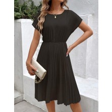 Nnstartshopping  Kadın Kısa Kollu Yakası Açık Belden Lastikli Pileli Kısa Ithal Krep Elbise