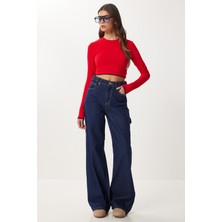Happiness İstanbul Kemer Detaylı Geniş Paça Jean P0298 LRI0026 Koyu Mavi