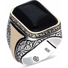 Gumush Hk ​Gümüş Erkek Yüzük Desenli Siyah Taşlı Köşeli |Gümüş Takı Hediyelik Ürünler