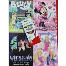Ada Çanta Kırtasiye 4 Adet Stickerli Boyama Kitabı 12 Li Kuru Boya Kalemi Hediyeli (MINNIE/BLUEY/WEDNESDAY/BARBIE)X25