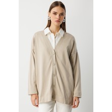 Mizalle Ekstra Oversize Düşük Kol Basic Bej Rengi Ince Triko Hırka