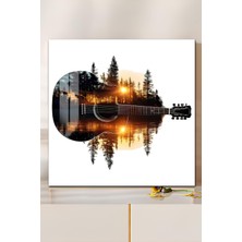 KutuTR 3D Görünümlü Temperli Cam Tablo – Gitar ve Göl Manzaralı Duvar Süsü 33X33 CM-CTK099