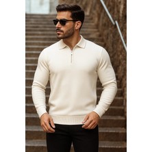 Comstar Erkek Trend Fermuarlı Uzun Kollu Krem Polo Yaka Kazak