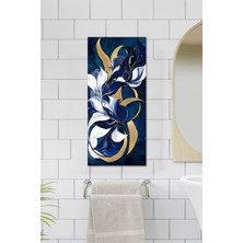 KutuTR Mavi ve Altın Renkli Soyut Çiçek Desenli Temperli Cam Dik Tablo – 30X60 cm Hd Uv Baskı - DCT019
