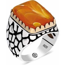 Gumush Hk ​Gümüş Erkek Yüzük Turuncu Sıkma Kehribar Taşlı Kare |Gümüş Takı Hediyelik Ürünler