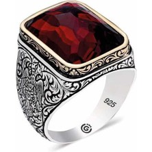 Gumush Hk Gümüş Erkek Yüzük Zirkon Kırmıızı Taşlı Kare |Gümüş Takı Hediyelik Ürünler