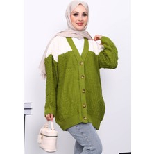 İmaj Butik Yeşil V Yaka Düğmeli Triko Hırka